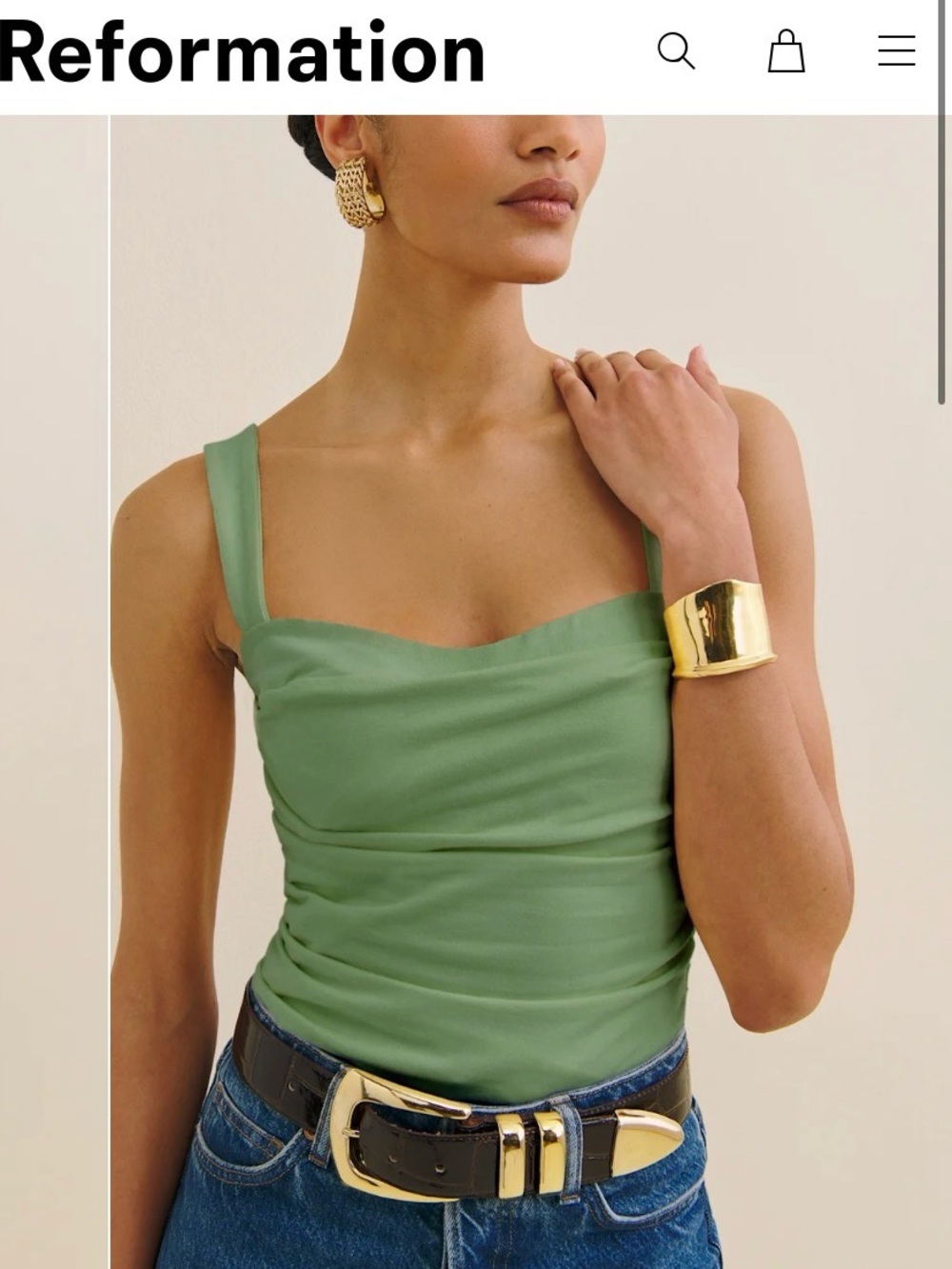 Reformation Green Square-Neck Tank Top